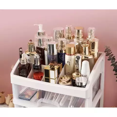 Organizator multifunctional pentru cosmetice si accesorii Soulima, 3 sertare transparente, compartimente multiple