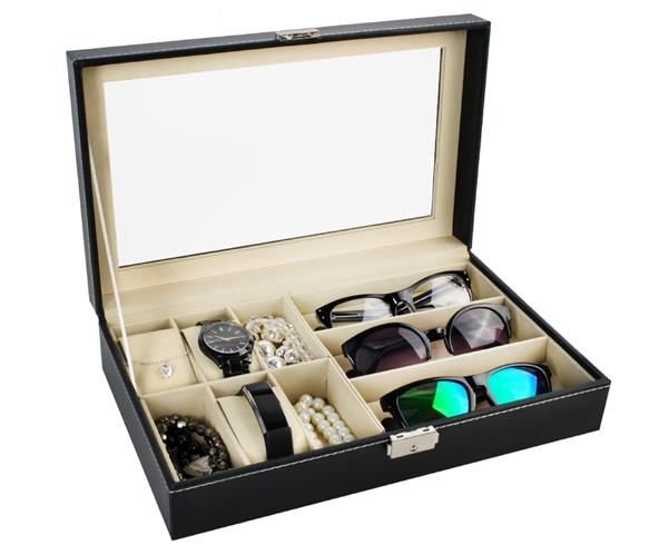 Organizator pentru ceasuri si ochelari, 6 compartimente ceasuri, 3 compartimente ochelari, eco-piele, Negru