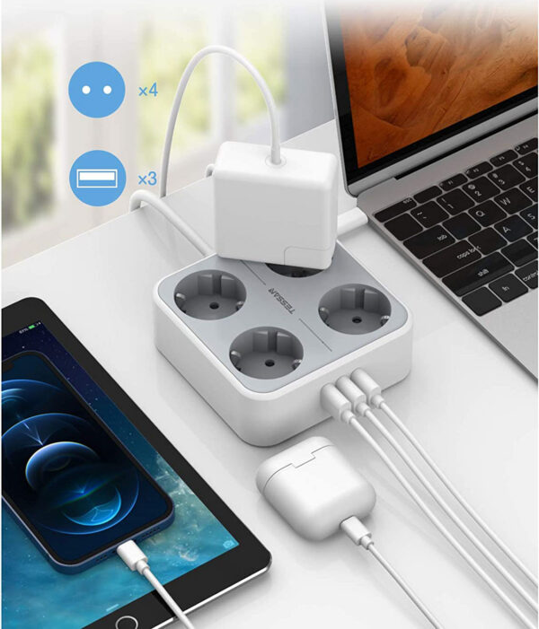 Prelungitor Tessan TS-302-C, 4 prize, 2 X USB-A, 1X USB-C, 3A, cablu 2m - imagine 4
