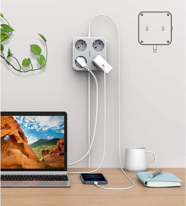 Prelungitor Tessan TS-302-C, 4 prize, 2 X USB-A, 1X USB-C, 3A, cablu 2m - imagine 5