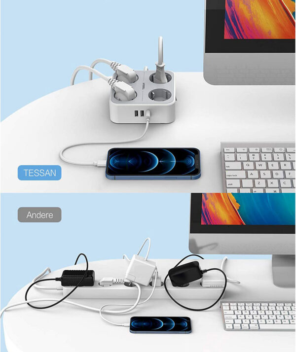 Prelungitor Tessan TS-302-C, 4 prize, 2 X USB-A, 1X USB-C, 3A, cablu 2m - imagine 2