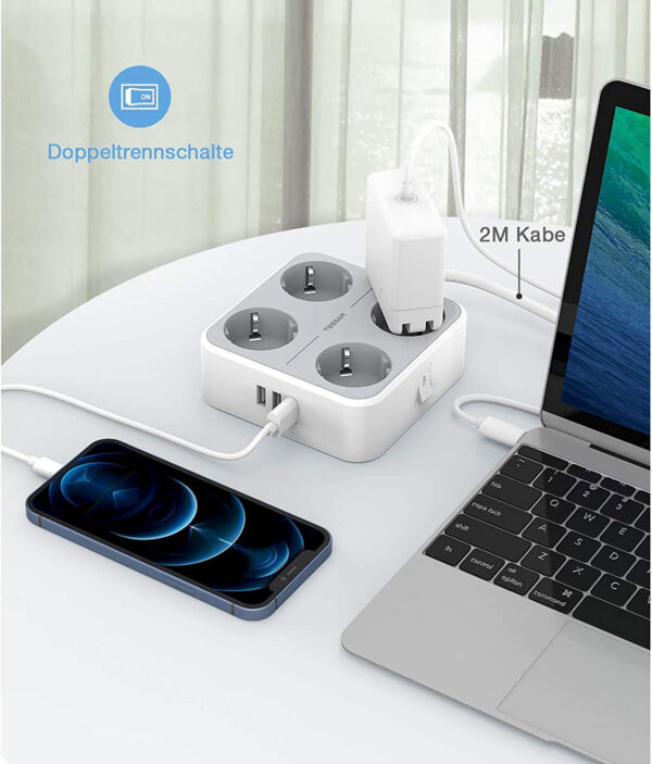Prelungitor Tessan TS-302-C, 4 prize, 2 X USB-A, 1X USB-C, 3A, cablu 2m - imagine 3