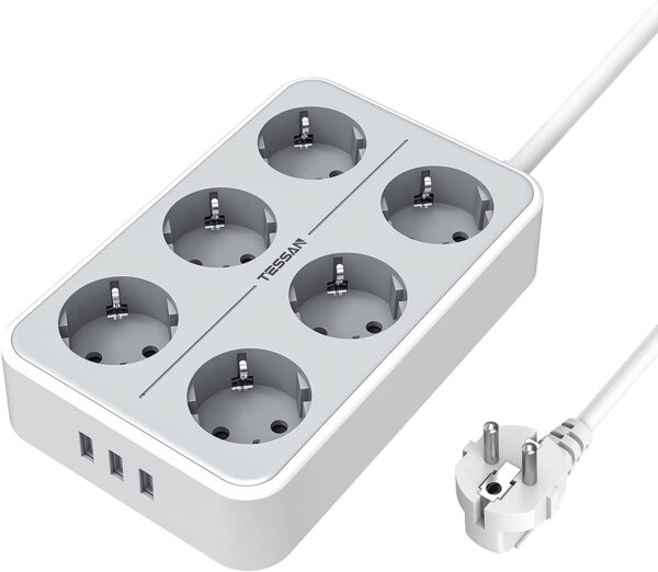 Prelungitor Tessan TS-303, 6 prize, 3 USB 3A, cablu 2m - imagine 1