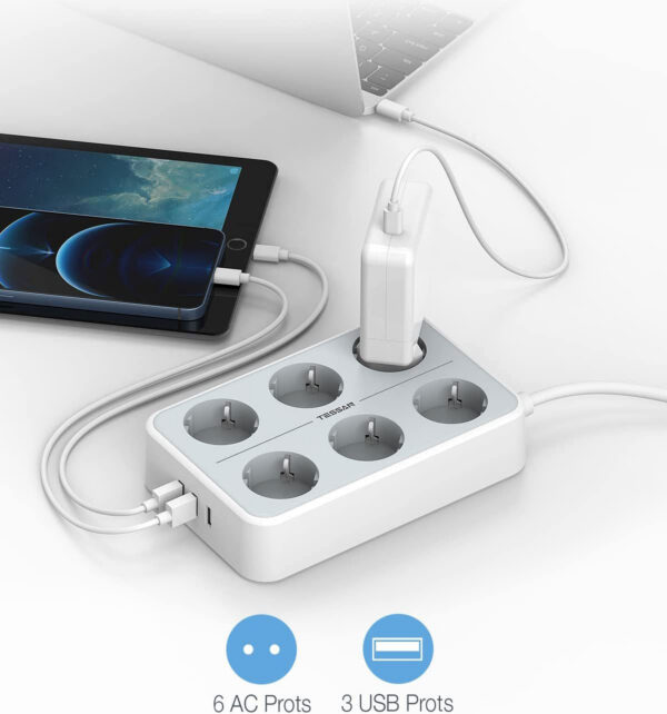 Prelungitor Tessan TS-303, 6 prize, 3 USB 3A, cablu 2m - imagine 4