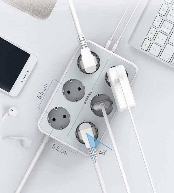 Prelungitor Tessan TS-303, 6 prize, 3 USB 3A, cablu 2m - imagine 6