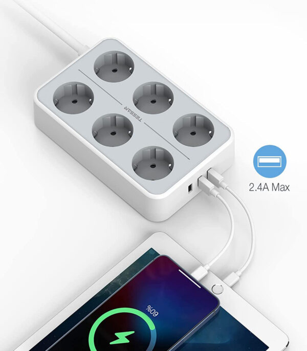 Prelungitor Tessan TS-303, 6 prize, 3 USB 3A, cablu 2m - imagine 5