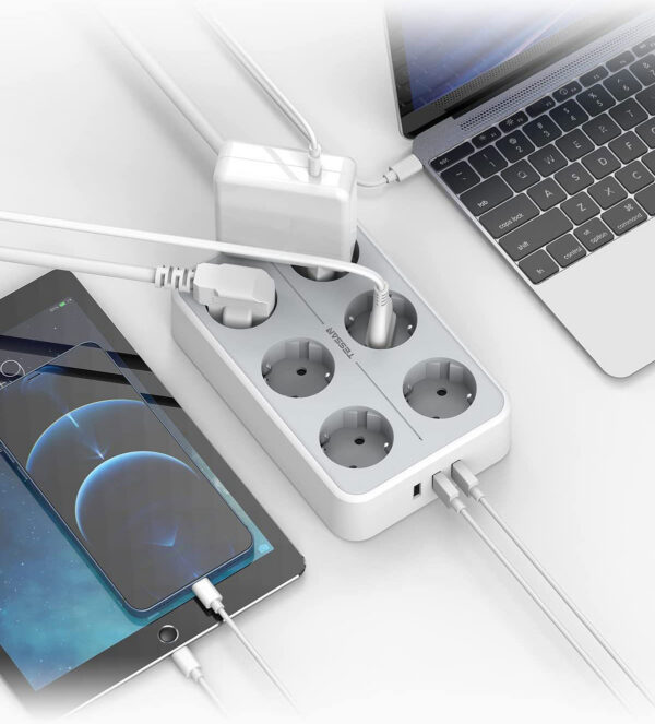 Prelungitor Tessan TS-303, 6 prize, 3 USB 3A, cablu 2m - imagine 2