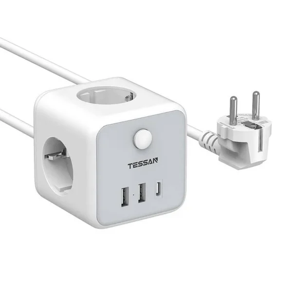 Prelungitor tip cub Tessan TS-301-C, 3 prize, 2 X USB A, 1 X USB-C, cablu 1.5m - imagine 1