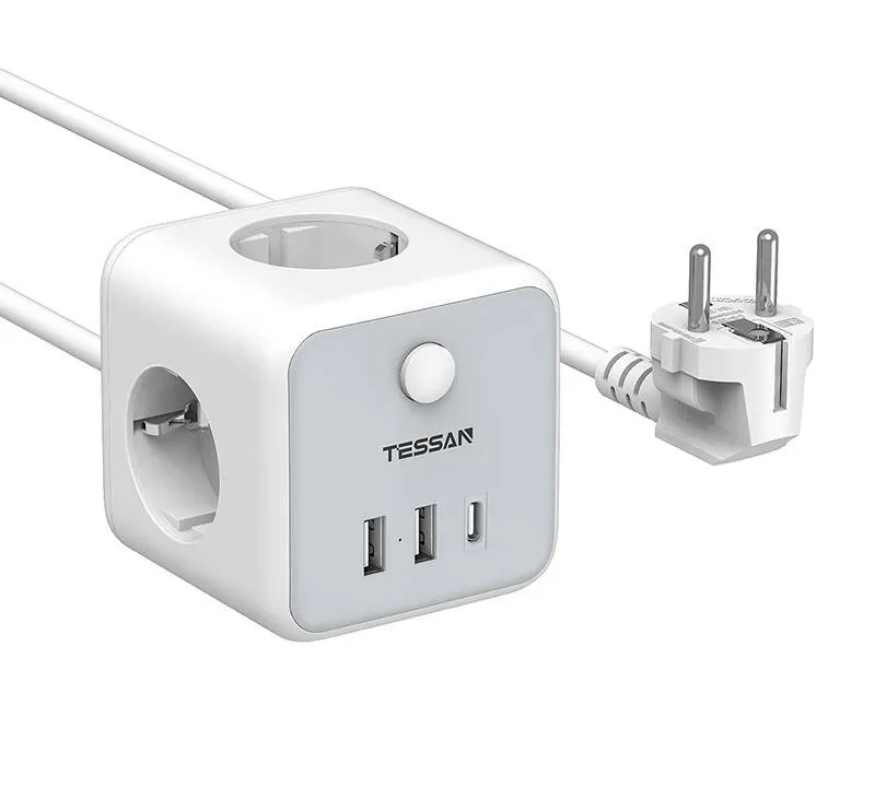 Prelungitor tip cub Tessan TS-301-C, 3 prize, 2 X USB A, 1 X USB-C, cablu 1.5m