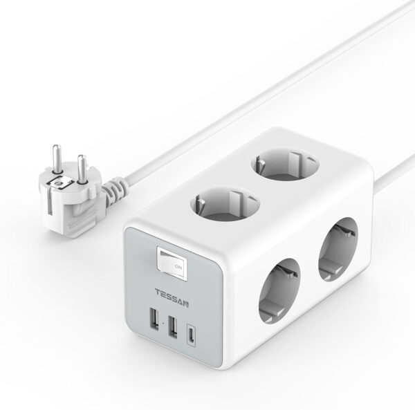 Prelungitor tip cub Tessan TS-306-C, 6 prize, 2 USB, 1 USB-C, 3A, cablu 2m - imagine 1