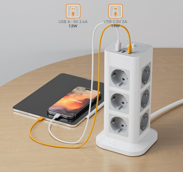Prelungitor tip Turn Tessan TPS04-DE, 12 prize, 3 USB, 1 USB-C, 3A, cablu 2m - imagine 3