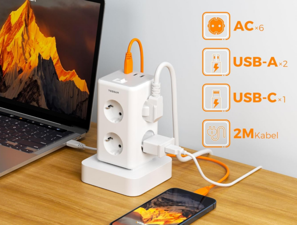Prelungitor tip Turn Tessan TS-306TS-C, 6 prize, 2 USB, 1 USB-C, 3A, cablu 2m - imagine 2