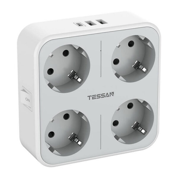 Adaptor priza Tessan TS-302-DE-C, 4 prize, 2 X USB-A, 1X USB-C, 10A - imagine 1
