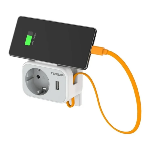 Adaptor Priza Tessan TS-332, 1 Priza, 1 port USB-C, 1 Port USB, 10A - imagine 1