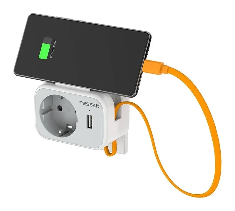 Adaptor Priza Tessan TS-332, 1 Priza, 1 port USB-C, 1 Port USB, 10A
