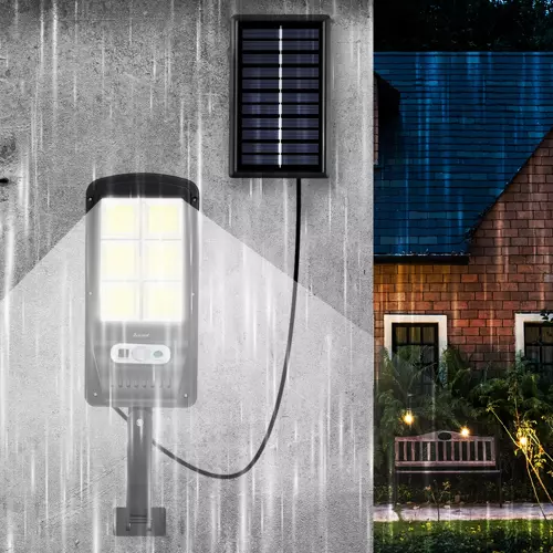 Reflector solar Izoxis cu panou separat, cablu 5m, 120 LED-uri, senzor, 4 moduri de operare, telecomanda, 24W, IP65
