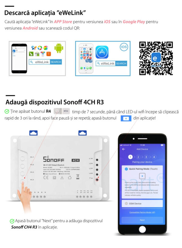 Releu Smart Wireless Sonoff 4CHR3, 4 canale, Alexa   Google Home - imagine 5