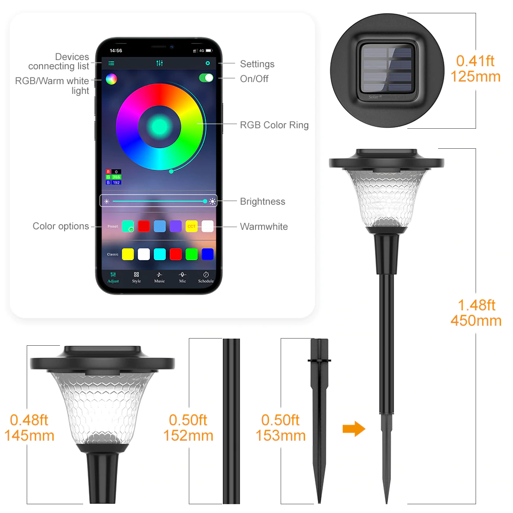 Set 2 lampi solare MustWin RGBW Inteligente, Bluetooth, Control App