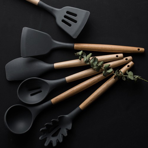 Set ustensile de bucatarie 12 piese Ruhhy Top Chef, silicon, maner lemn
