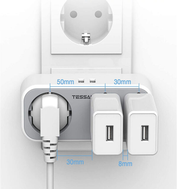 Triplu stecher cu USB Tessan TS-324, 16A, 2xUSB 2.4A - imagine 2