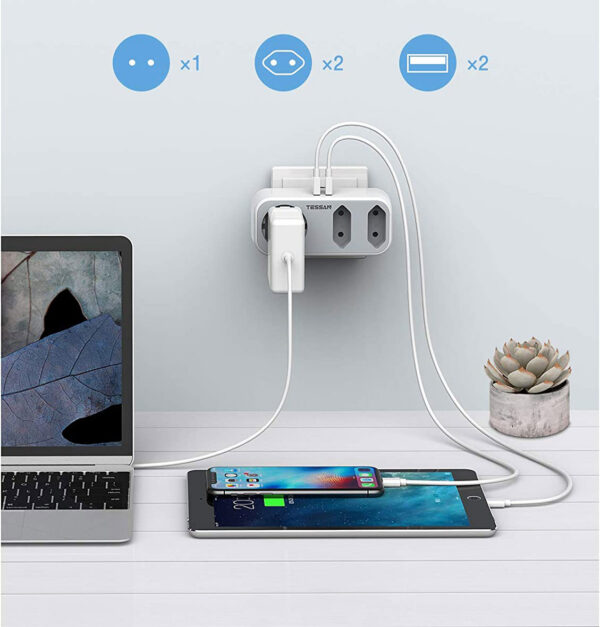 Triplu stecher cu USB Tessan TS-324, 16A, 2xUSB 2.4A - imagine 4