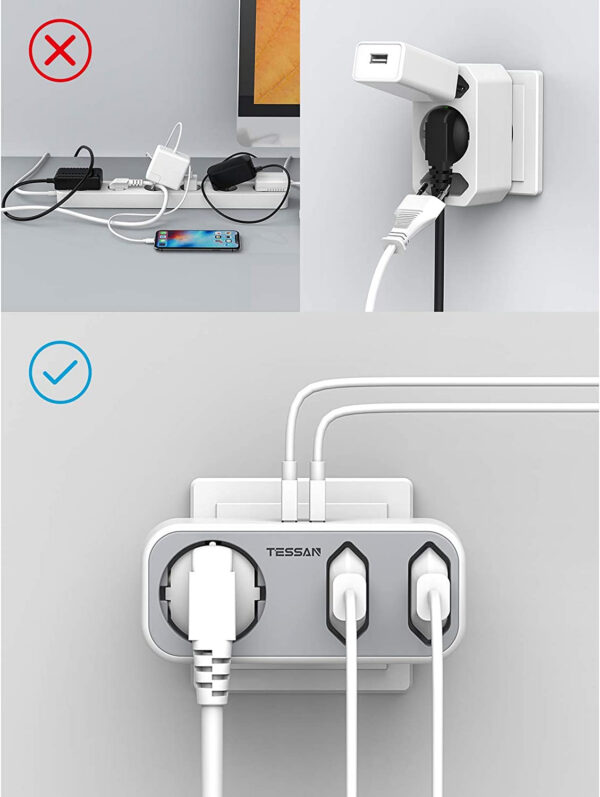 Triplu stecher cu USB Tessan TS-324, 16A, 2xUSB 2.4A - imagine 6