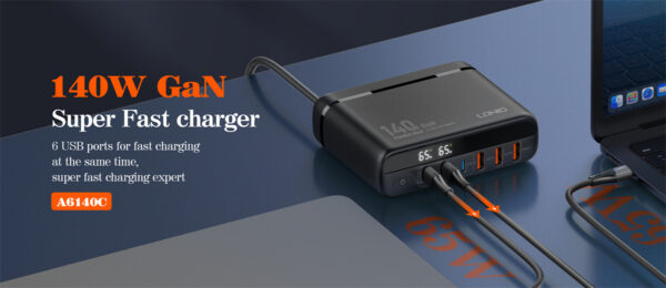 Incarcator Retea 140W GaN LINDO A6140C, Incarcare rapida, 3xUSB-A, 3XUSB-C, Compatibil EU UK US QC5.0 PPS PD pentru, MacBook, iPad, iPhone 16 15 - imagine 9