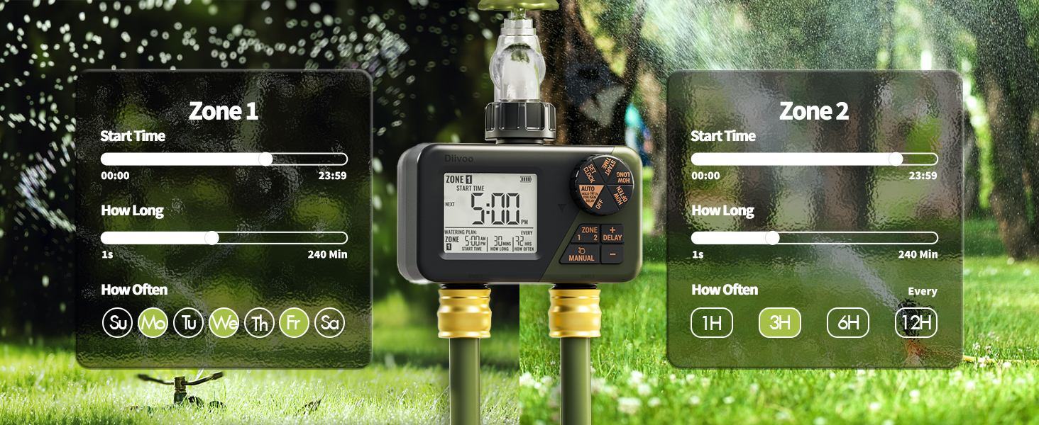 Programator automat pentru irigare Diivoo DI-WT21M-EUGN, 2 zone, IPX5, functie Rain Delay