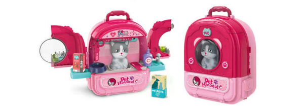 Set ghiozdan jucarie 3 in 1 Rovo 997-2, Spital Pisica, Veterinar, 59 piese - Roz - imagine 8