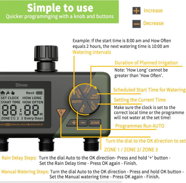 Programator automat pentru irigare Diivoo WT10M-GN, 3 zone, IP54, functie Rain Delay - imagine 2