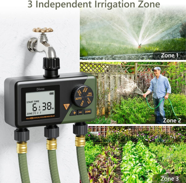 Programator automat pentru irigare Diivoo WT10M-GN, 3 zone, IP54, functie Rain Delay - imagine 3