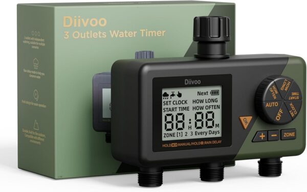 Programator automat pentru irigare Diivoo WT10M-GN, 3 zone, IP54, functie Rain Delay - imagine 1