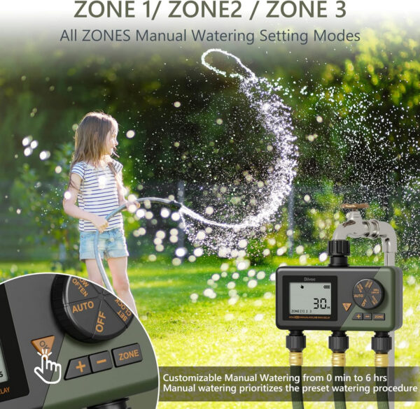 Programator automat pentru irigare Diivoo WT10M-GN, 3 zone, IP54, functie Rain Delay - imagine 6