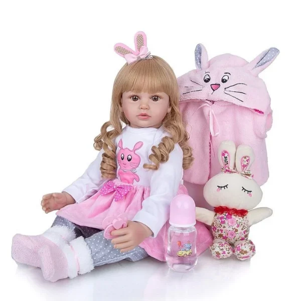Papusa bebelus, inaltime 55 cm, aspect realist, jucarie iepuras, biberon, suzeta, 3 ani+ - imagine 2