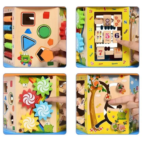 Cub activitati educative copii, 8 in 1, ceas, labirinturi, abac, forme geometrice, multicolor, lemn - imagine 16