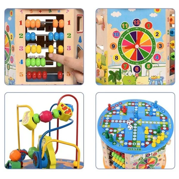 Cub activitati educative copii, 8 in 1, ceas, labirinturi, abac, forme geometrice, multicolor, lemn - imagine 17