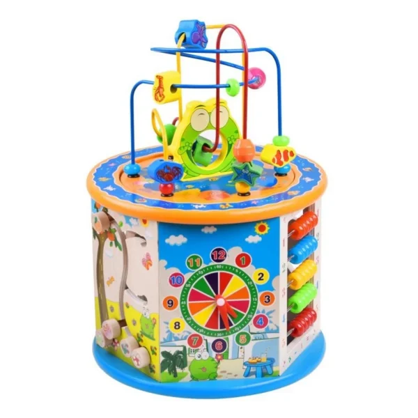 Cub activitati educative copii, 8 in 1, ceas, labirinturi, abac, forme geometrice, multicolor, lemn - imagine 2