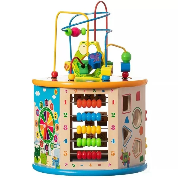 Cub activitati educative copii, 8 in 1, ceas, labirinturi, abac, forme geometrice, multicolor, lemn - imagine 3