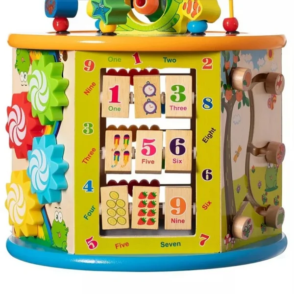 Cub activitati educative copii, 8 in 1, ceas, labirinturi, abac, forme geometrice, multicolor, lemn - imagine 6
