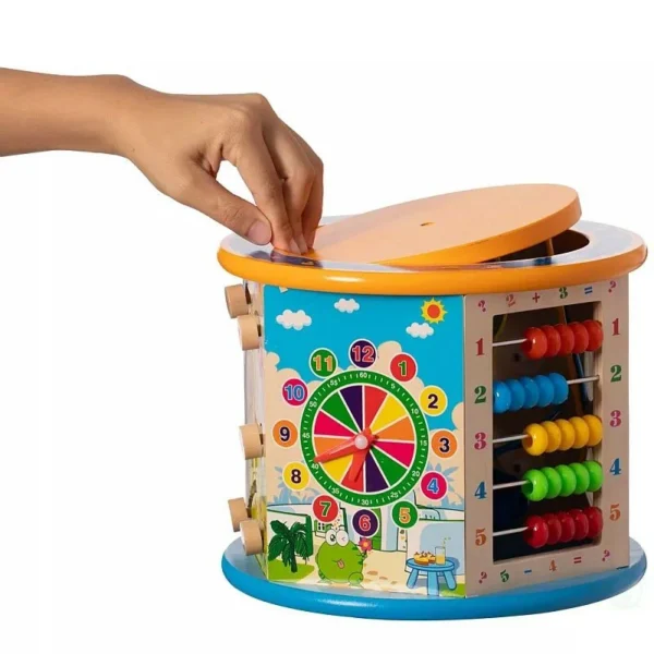 Cub activitati educative copii, 8 in 1, ceas, labirinturi, abac, forme geometrice, multicolor, lemn - imagine 14