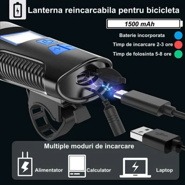 Set far si stop pentru bicicleta, lumina led, 4 moduri iluminare, microusb, ipx7,1500mah - imagine 7