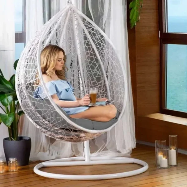 Fotoliu suspendat tip cuib, structura otel, perne incluse, alb/gri, 103x107x195 cm - imagine 3