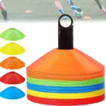 Set 50 jaloane tip con, pentru antrenamente sportive, pvc flexibil multicolor, cu suport si husa transport
