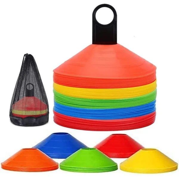 Set 50 jaloane tip con, pentru antrenamente sportive, pvc flexibil multicolor, cu suport si husa transport - imagine 3