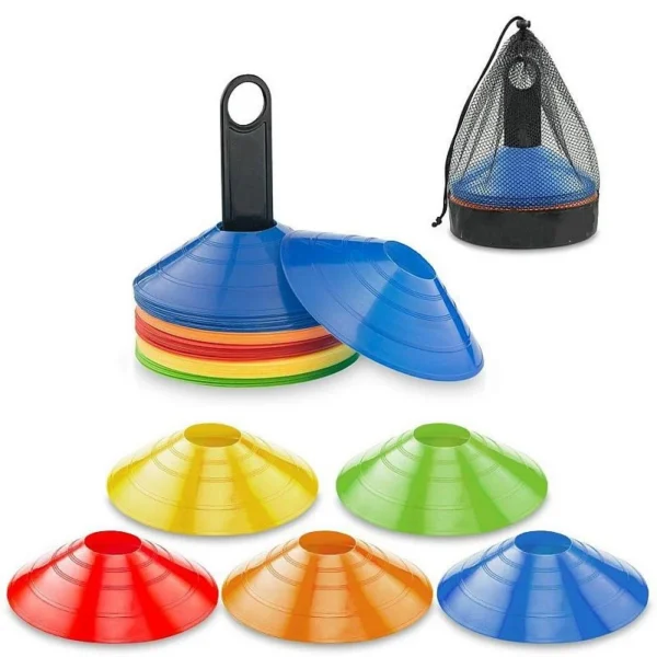 Set 50 jaloane tip con, pentru antrenamente sportive, pvc flexibil multicolor, cu suport si husa transport - imagine 2