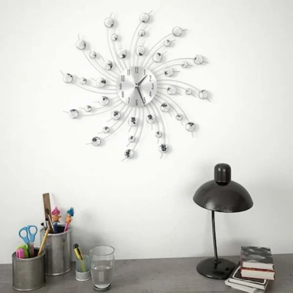 Ceas de perete cu cristale, 50 cm, mecanism quartz, cifre arabe, argintiu - imagine 2