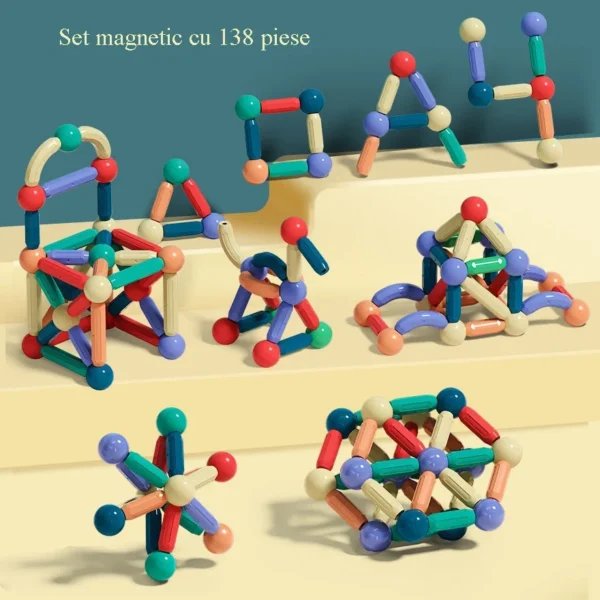 Set magnetic de constructie pentru copii, 136 piese multicolor, cutie depozitare, 2.9-8.6 cm - imagine 3