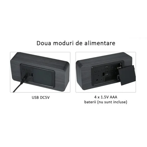 Ceas digital led, ora, data, temperatura, alarma, alimentare duala, mdf - imagine 5