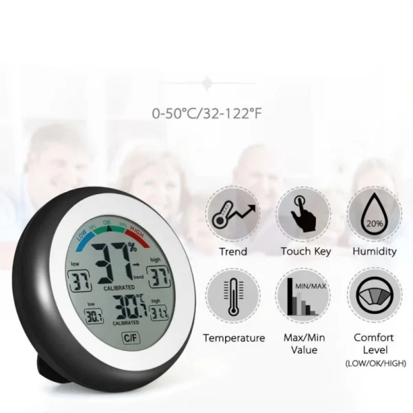 Termometru cu higrometru digital, display lcd, control touch, 9 cm, negru - imagine 2