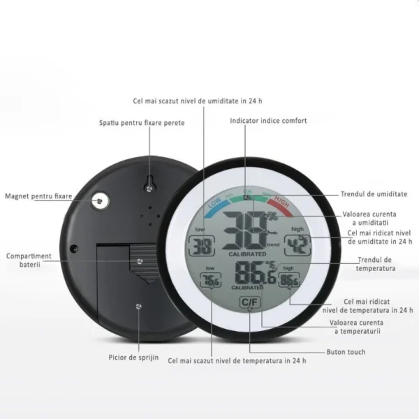Termometru cu higrometru digital, display lcd, control touch, 9 cm, negru - imagine 3